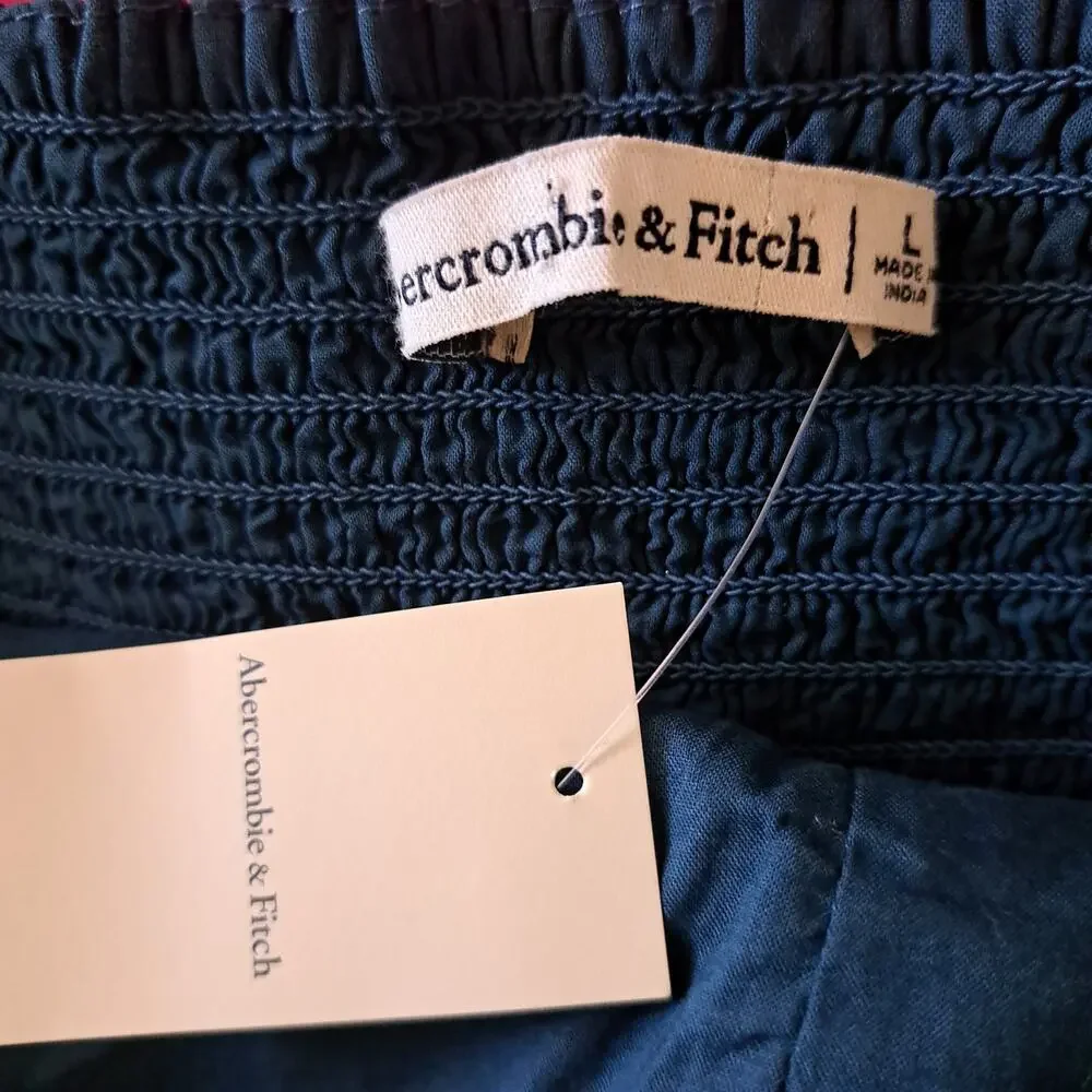 NWT ABERCROMBIE & FITCH Ruched V-Neck Puff Sleeve Smocked Cotton Top large Teal